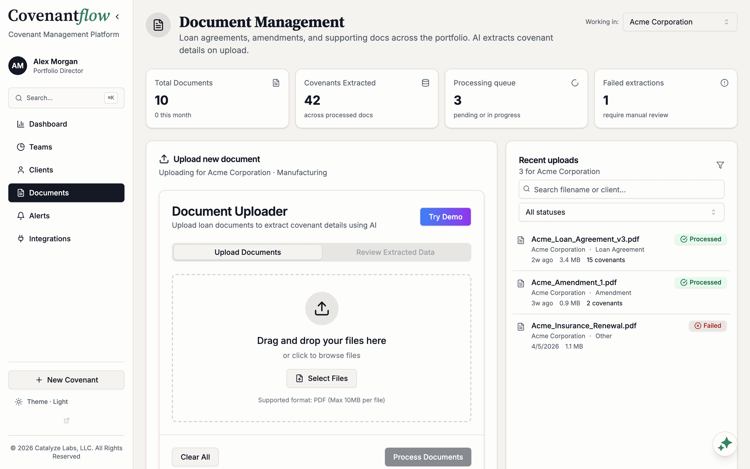Document upload page with covenants extracted