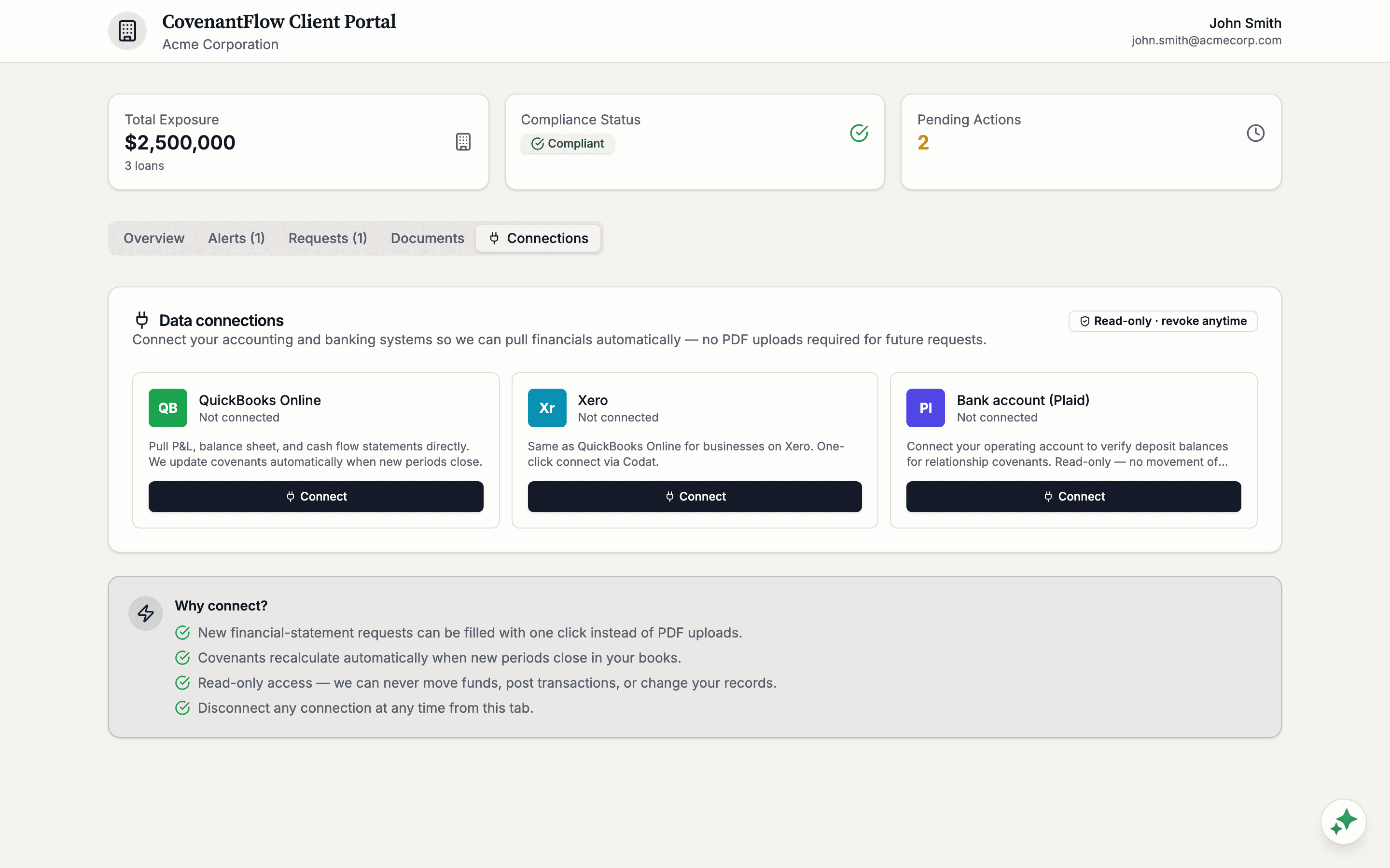 Borrower portal Connections tab with QuickBooks, Xero, Plaid